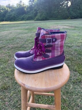 Ladies UGG Decatur Purple and Pink Plaid Lace-Up Waterproof Winter Boots